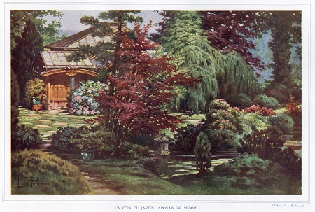 Aquarelle de Lucien Pallandre, représentant une partie du jardin japonisant de Hugues Krafft au Loges-en-Josas (Yvelines)